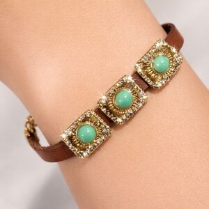 🌿 Express Brown Leather & Gold-Tone Turquoise Accent Bracelet – Boho Chic ✨